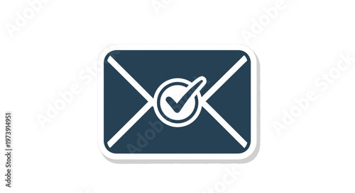 Minimalist Sticker Icon Sealed Envelope with Checkmark in Deep Blue Hues. transparent.