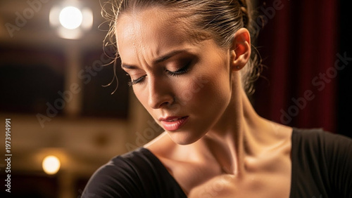 Intense ballet dancer in a moment of concentration, dramatic lighting, focused expression.