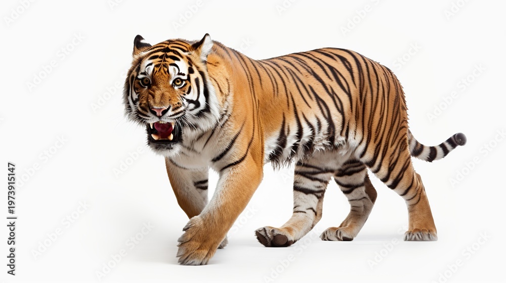 Obraz premium Majestic Bengal Tiger Walking Forward with an Open Mouth, Striped Coat Prominently Displayed