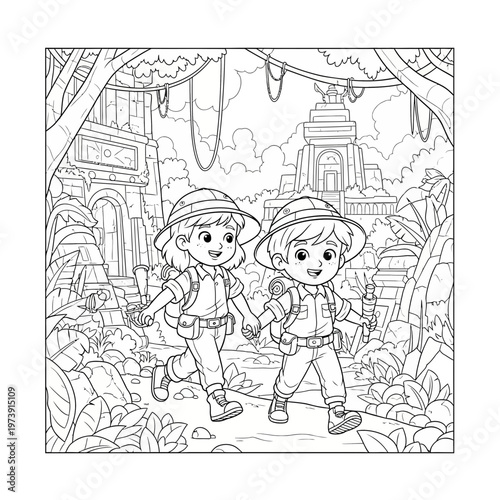Young Explorers Discovering Ruins Imaginative Expeditions Coloring Page for Kids. transparent.