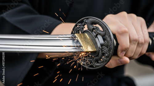 Wielding polished steel katana: close-up of a person holding a gleaming silver katana with ornate black dragon themed guard, sparks flying during sword drawing