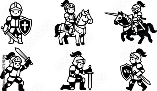 Medieval knights with swords shields and horses