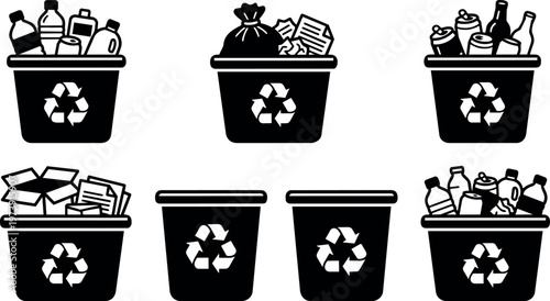 Black recycling bins with different recyclable waste items vector art