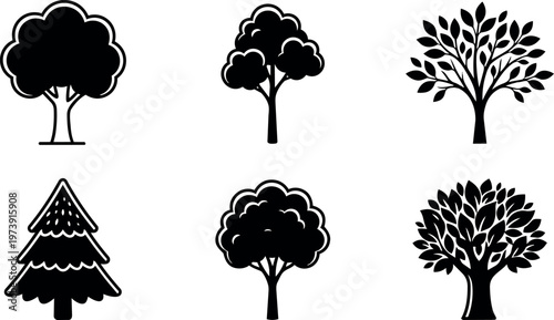 Black and white tree silhouette icons with various leaf and pine shapes