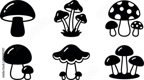 Six different mushroom silhouettes set