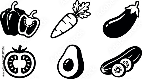 Pepper carrot eggplant tomato avocado cucumber illustrations