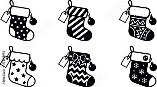 Black and white christmas stocking set with patterns and tags vector art