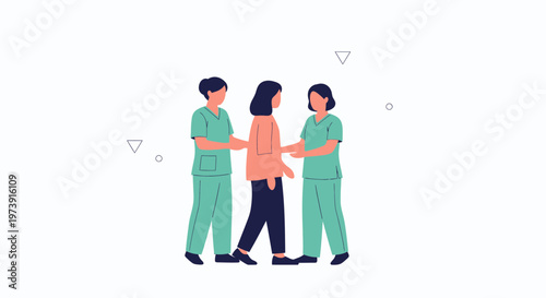 Two nurses helping a patient walk, medical support, healthcare assistance
