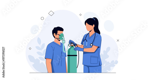 Nurse Administering Oxygen Therapy to Patient with Mask and Cylinder
