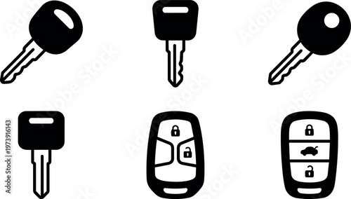 Black and white line art set of car keys and remote lock icons