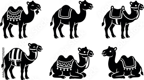 Black silhouette camels with patterned saddles in various poses vector art