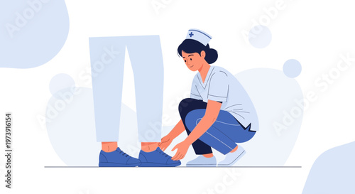 Nurse helps patient tie shoelaces, healthcare assistance, medical care, support, empathy