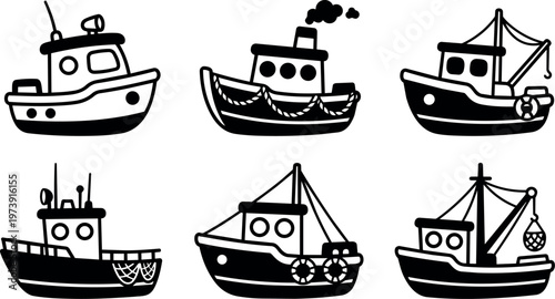 Black and white line art fishing and tug boats collection with smoke and nets
