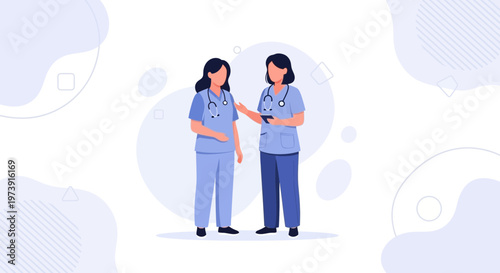 Two nurses in blue scrubs discussing medical information on a tablet