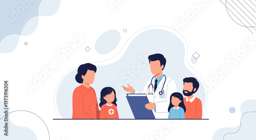 Doctor consulting with a family, including parents and two children, in a modern clinic.