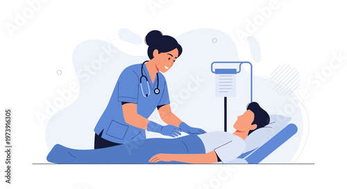 Nurse caring for patient in hospital bed with IV drip, medical illustration