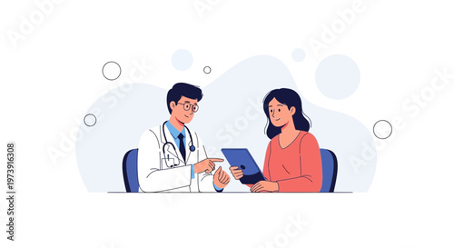 Doctor explaining medical results to patient on tablet, consultation, healthcare concept
