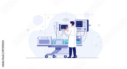 Doctor in hospital room with medical equipment and patient bed, modern healthcare technology