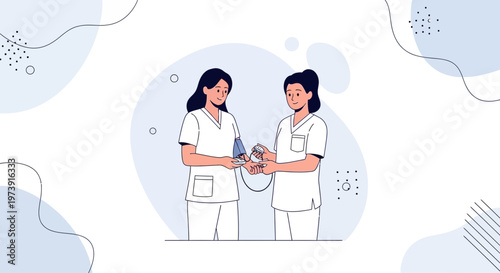 Nurses checking blood pressure, medical illustration, healthcare concept