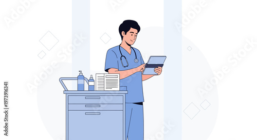 Male nurse using tablet next to medical cart with supplies in hospital hallway