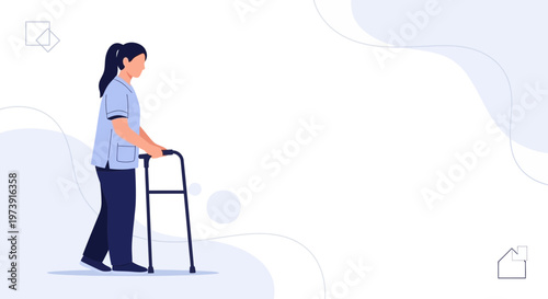 Nurse helping elderly patient walk with walker, healthcare concept