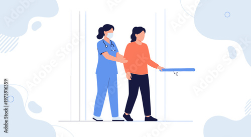 Nurse assisting patient with rehabilitation and walking exercise