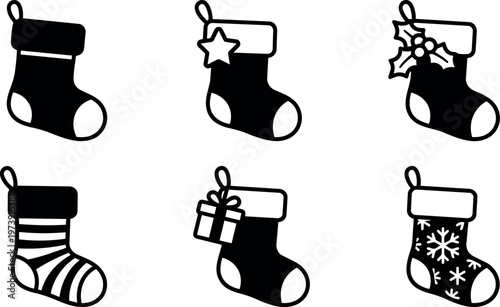 Black and white christmas stocking icons with star holly gift and snowflake details vector art