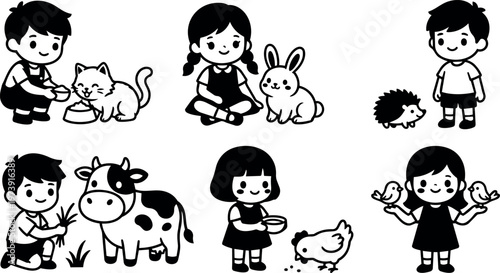 Children interacting with farm animals and pets
