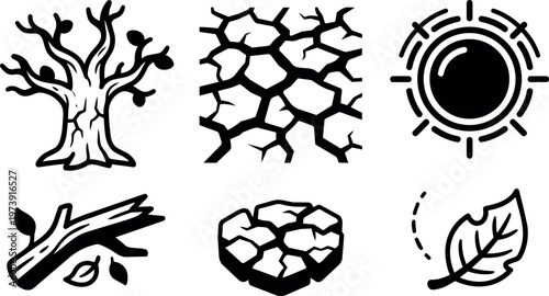 Black and white dry tree cracked ground sun leaf branch vector art