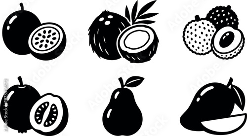 Tropical fruits including passion fruit coconut lychee guava pear and mango