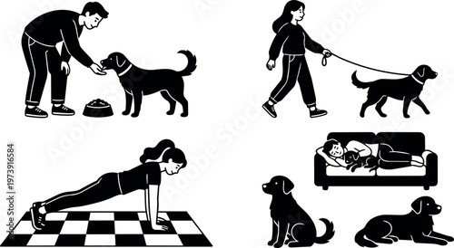 People feeding walking and playing with dogs and exercising