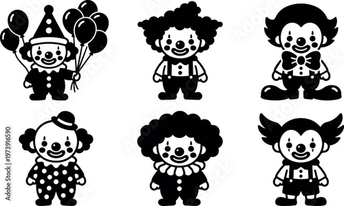 Black and white cartoon clown characters in various costumes vector art