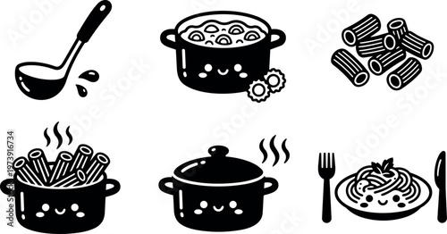 Black and white cute pasta cooking pot smiling kitchen vector art