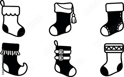 Black and white christmas stockings icons set with tassel buckle and fringe details