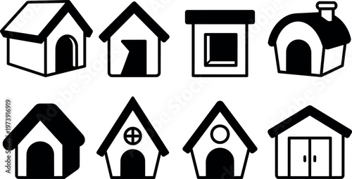 Black and white dog house icons with varied roof styles and door shapes