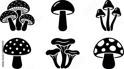 Black and white mushroom icons set in simple vector art style