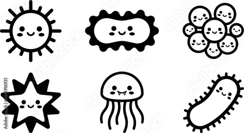 Cute black and white kawaii bacteria and virus vector art with smiling faces