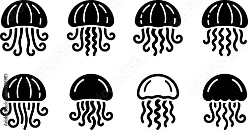 Black and white jellyfish icons with varied tentacles vector art