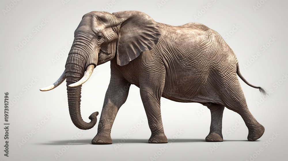 Obraz premium Majestic grey elephant strolling gracefully across a minimal pale studio backdrop
