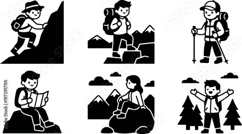 Black and white hiker climbing map reading and trekking people in mountain nature scenes