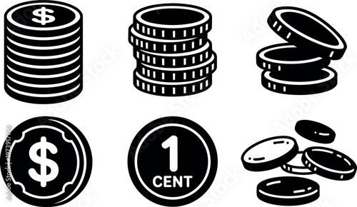 Black and white stacks and piles of coins with cent and dollar symbols vector art