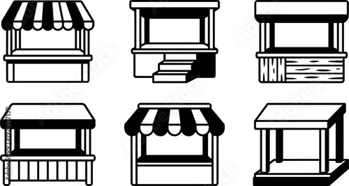 Black and white market stall icon set with various awnings and wooden details
