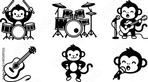 Black and white monkey playing drums guitar and singing vector art