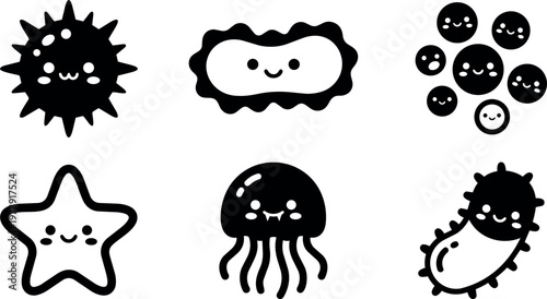 Cute black and white microorganisms cartoon vector art with happy faces
