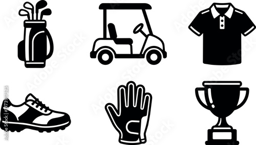 Black and white golf bag clubs cart shoe glove and trophy icons