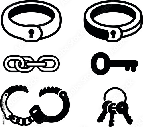 Black and white handcuffs chain key and collar vector illustration set