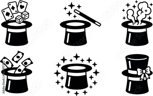 Black magic hat with playing cards dice money wand and sparkles vector art