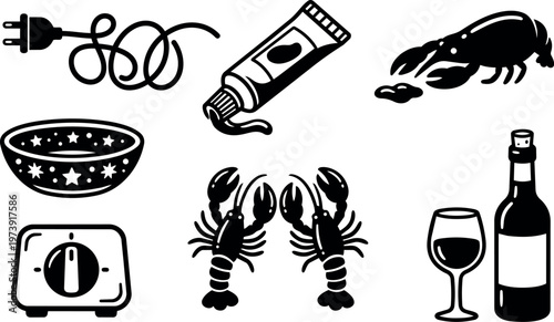 Black and white kitchen utensils and lobster silhouette vector art icons