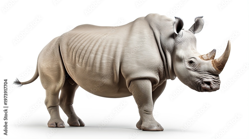 Fototapeta premium Majestic white rhinoceros standing in a calm side profile in natural wildlife setting