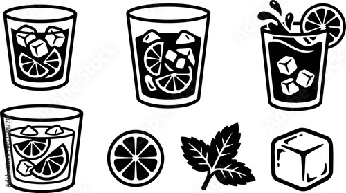 Black and white line art citrus drinks with ice cubes and mint leaves